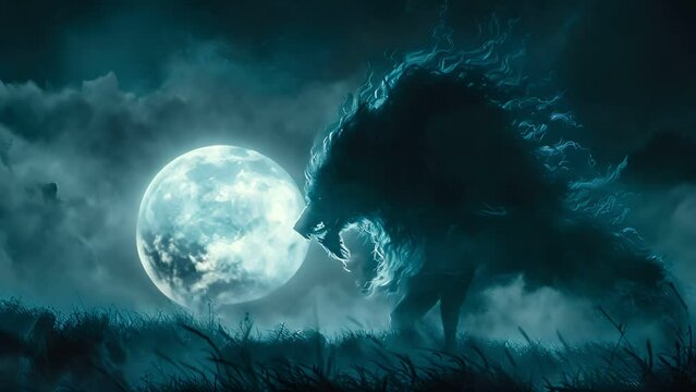 A shadowy wolf silhouette howls at the full moon, surrounded by swirling clouds and mist.