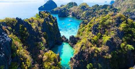 Coron, Palawan, Philippines, aerial view of beautiful lagoons and limestone cliffs.