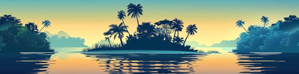 Obraz premium A tropical landscape of jungle on a sea beach with jungle trees and grass silhouetted in the water. Modern cartoon illustration of an exotic island with a shoreline on the ocean.