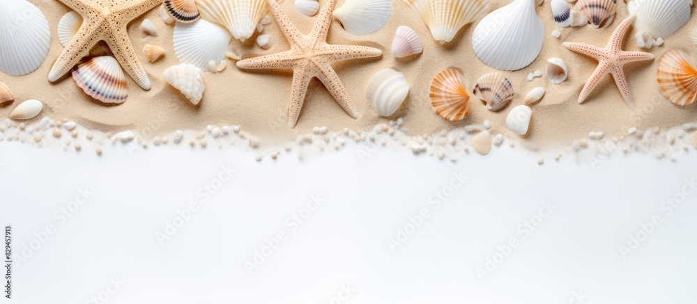 Aufkleber summer time concept with sea shells and starfish on the beach sand white background free space for y