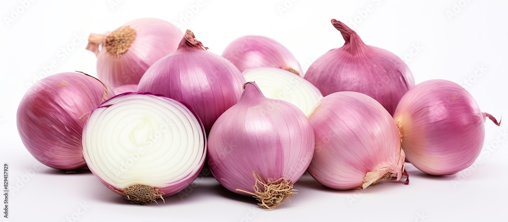 Poster food concept on white background group of white and red onions close up copy space isolated