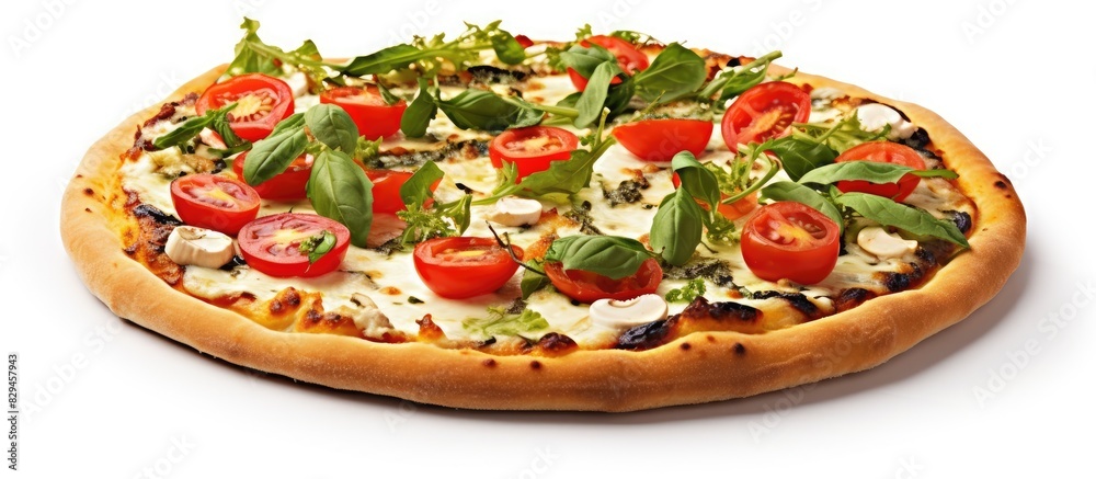 Poster fresh baked hot pizza on white background with copy space on the left side vegetarian pizza with veg