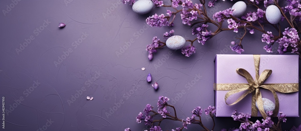Aufkleber banner easter set gift box with branches catkins white egg the view from the top place for text back