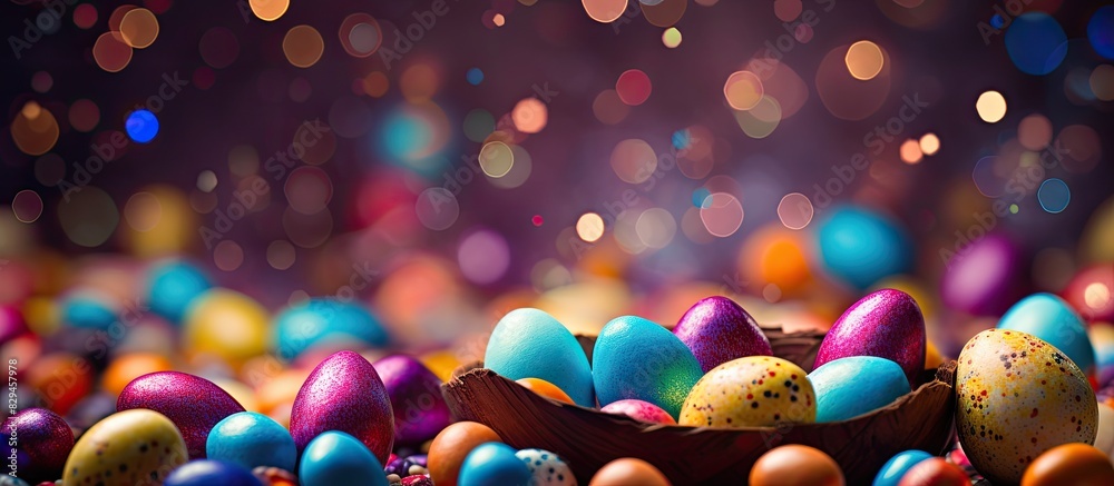 Aufkleber different chocolate easter eggs and candies on color background. copy space available