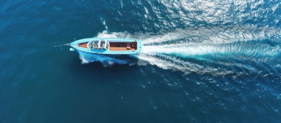 top view of fast travel boat going straight forward in the sea aerial shot. copy space available