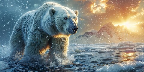 In the Arctic wilderness, a powerful polar bear navigates icy terrain under the vast sky.