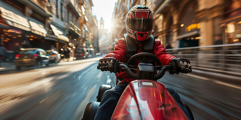 A motorcyclist speeds through urban streets at sunset, capturing the essence of adventure and...