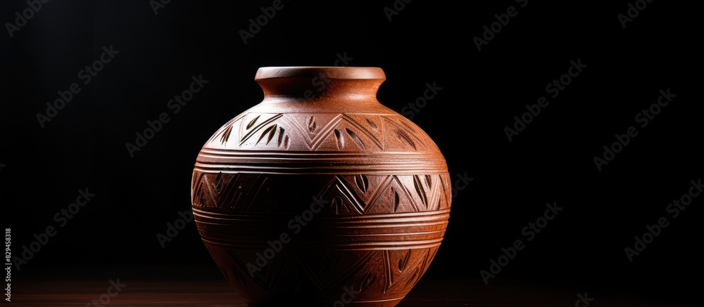 Poster the brown earthenware jar isolated on black background closeup retro handicraft in natural light con