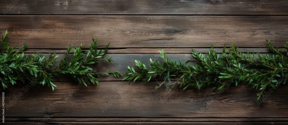 Poster top view of christmas fir branches decorated on an old wooden background creating a visually appeali
