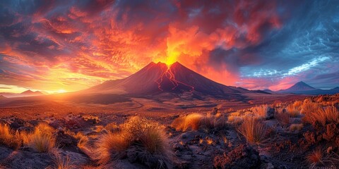 A vivid eruption paints the sky as lava flows from the volcano's peak, creating a breathtaking...