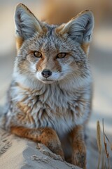 Fototapeta premium A close-up portrait of a furry red fox in the winter wilderness, its intelligent eyes gleaming.
