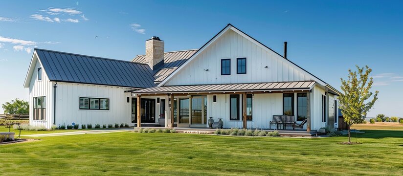 The architectural design of the Modern Farmhouse style house is built with white board and batten walls, a gable roof with a steep pitch and a neat green lawn.