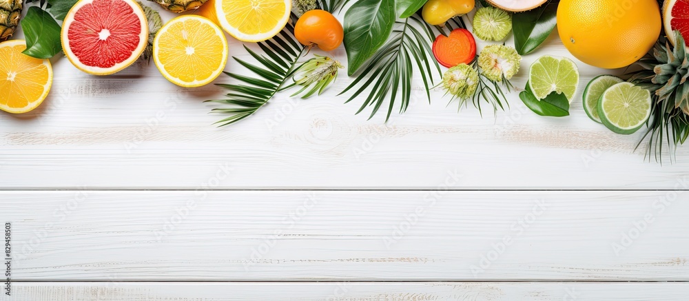 Poster top view of a tropical summer concept photograph with summer accessories arranged on white wooden pl