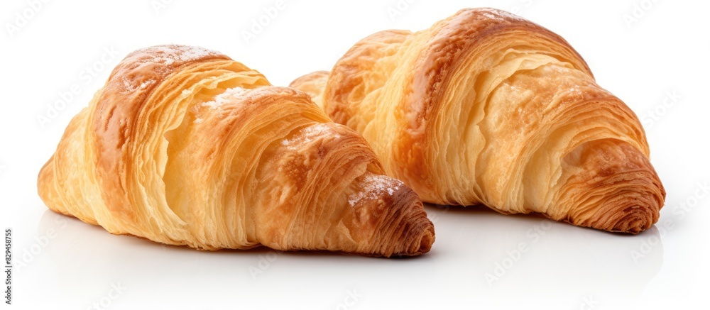 Poster tasty butter croissant and half cuts isolated on white background fresh enriched wheat flour croissa