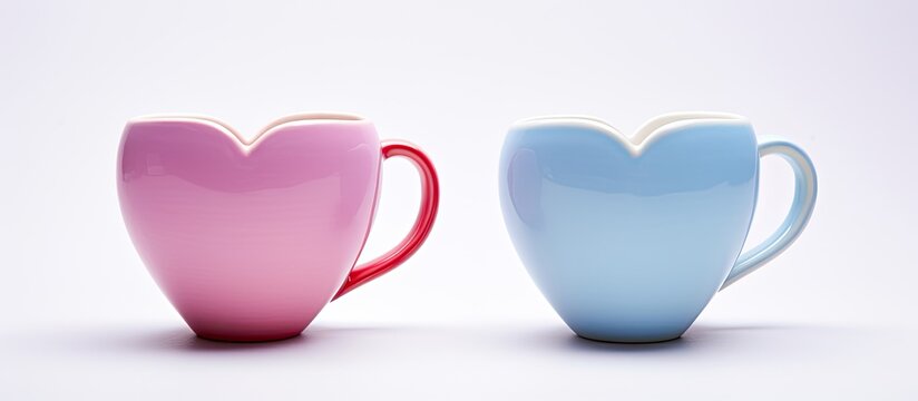 Two white ceramic heart shaped cups composition isolated over the white background. copy space available