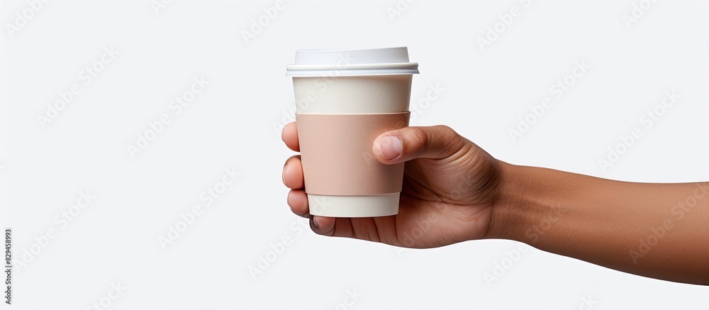 Poster human hand holds a blank paper coffee cup with plastic cap concept of tea or coffee to go in a dispo