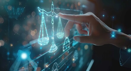 Virtual screen presenting AI icon in scales of justice style. Conceptual technology illustration