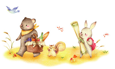 ピクニックに歩いて出かける秋の野原のくま、りす、うさぎ、青い鳥　手描き色鉛筆画