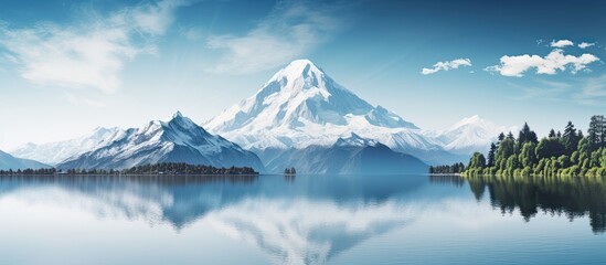 Scenic nature landscape of lake with snow capped mountain and blue sky views. copy space available - Powered by Adobe