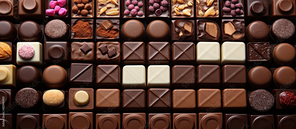 Poster Different kinds of chocolates on colored table close up Top View and Flat Lay with copy space
