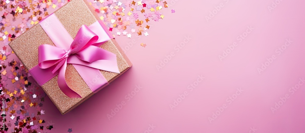 Poster Gift box with ribbon and bow on color background and space for text Top view. copy space available