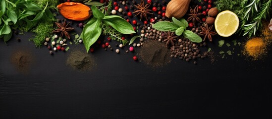 Selection of spices herbs and greens Ingredients for cooking Food background on black slate table Top view copy space - Powered by Adobe
