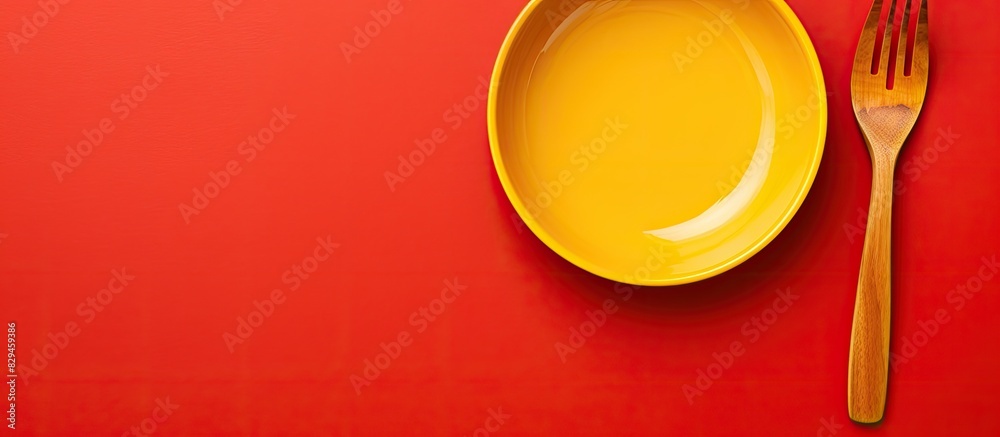 Poster dining concept represented by a copy space image of a red ceramic dish on a yellow background accomp