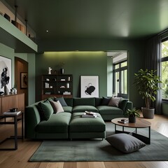 Modern Living Room with Green Sectional concept
