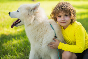 Kid and dog outdoor portrait. Boy hugging dog in the summer park. Kid hugs a dog in the park. Pets and Childhood. Kids Life style with dogs. Pet care. Kid plays with a husky dog on green field.