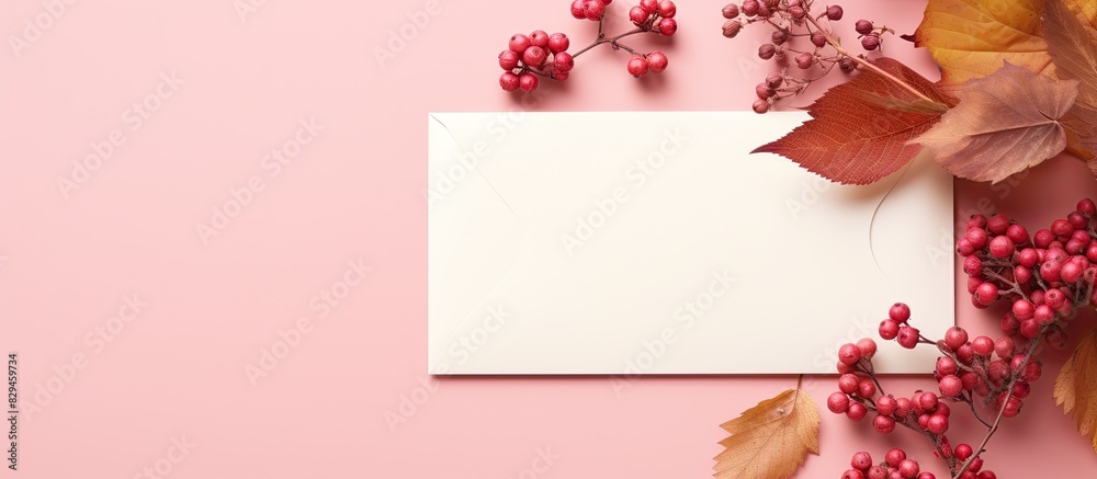 Aufkleber Autumn creative composition Red leaves empty blank card in paper envelope wild grape berries on pink paper background Fall thanksgiving day concept Flat lay top view copy space