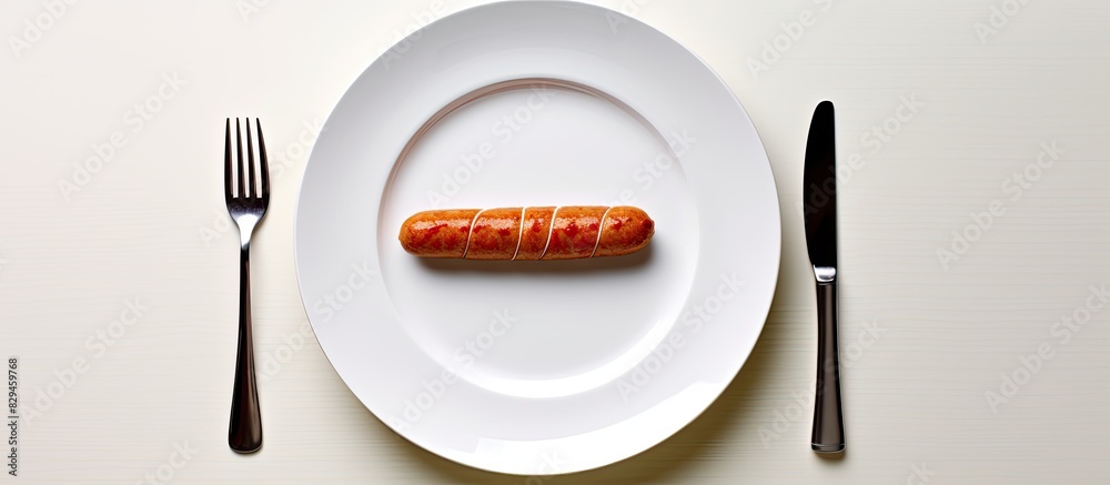 Poster top view with appetizing of the hotdog placed in white dish beautifully fork and knife on floor copy