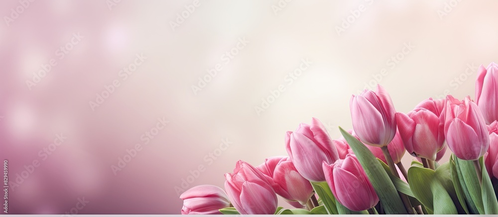 Poster a pink spring card featuring a beautiful image of tulips copy space image