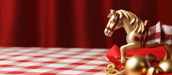 Christmas decoration rocking horse figurine on red white checkerd cloth. copy space available