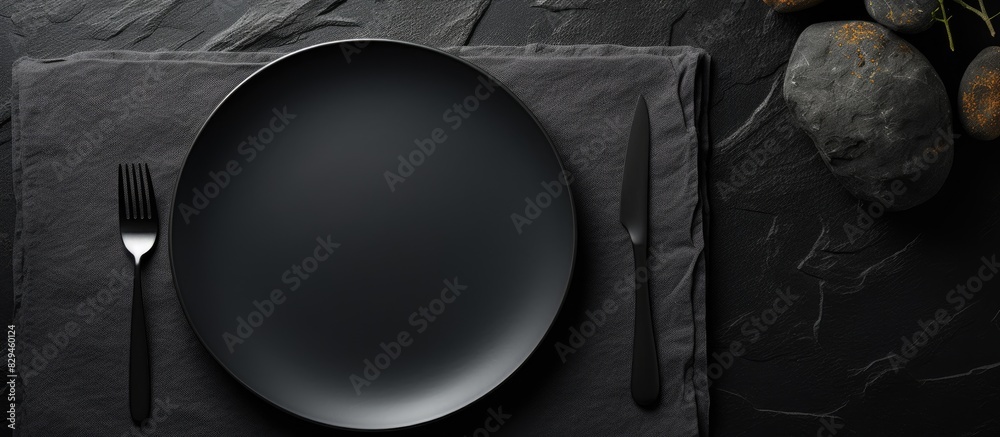 Aufkleber A table with a dark stone surface showcasing an empty black plate surrounded by a white napkin This copy space image is suitable for a food background menu or recipe It depicts a table setting captur