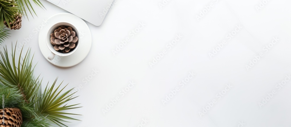 Poster white office desk table with laptop smartphone plant and pinecone top view with copy space flat lay