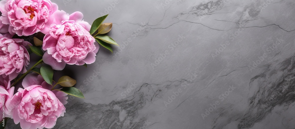 Poster beautiful pink peony flowers on gray stone table with copy space for your text flat style top view