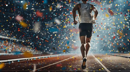 A dynamic sports photograph capturing the exhilaration and determination of an athlete crossing the finish line confetti falling, showcasing the thrill of achievement
