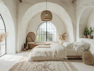 Bohemian bedroom with arched windows and natural decor elements.