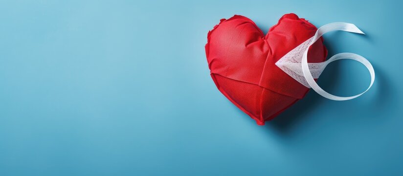 Top view of a red heart adorned with medical plasters placed on a light blue background The image symbolizes the heart s preservation and renovation offering copy space