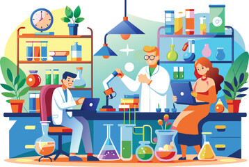 Laboratory with researchers at work, flat illustration, vector illustration.
