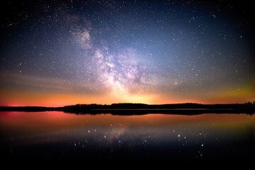 center of the milky way, reflected in the lake, astrophoto, stars, sky, night scape, colorful, landscape, dreamy, ribbon, horizon