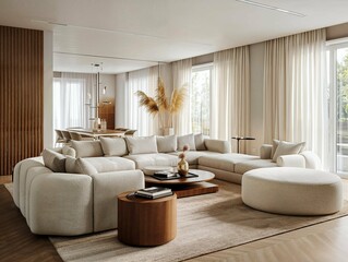 Spacious living room with beige sectional sofa and wooden coffee table.
