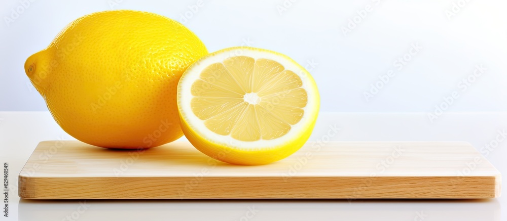 Aufkleber lemon is sliced on a wooden cutting board on a white background isolated with copy space