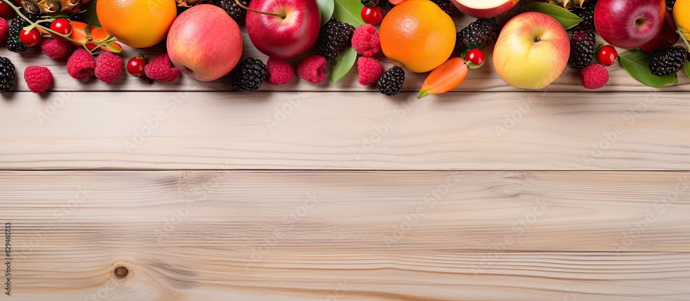 Poster fresh fruits on light wooden background dragon fruit apple peach raspberry and cherry top view with 