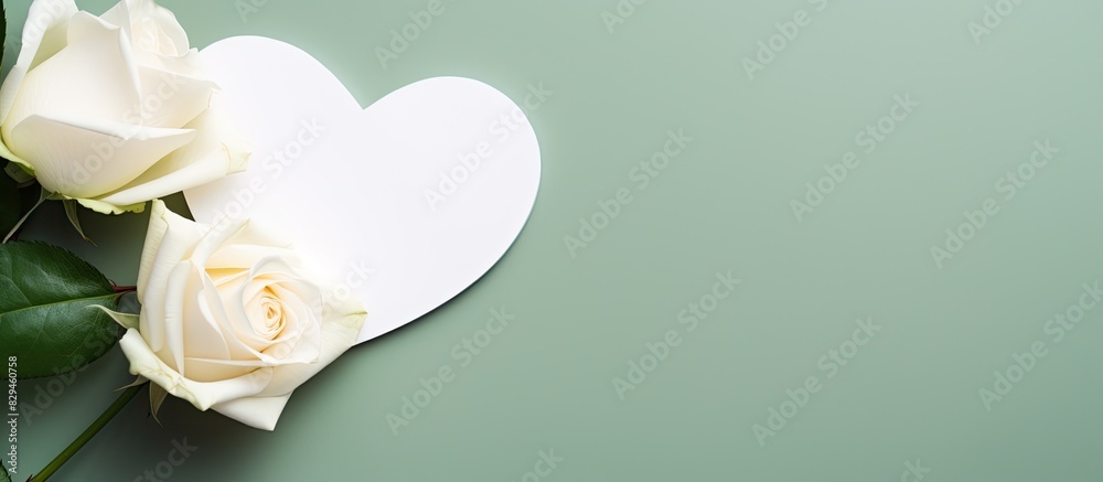 Poster fresh white rose and hearthshape frame with copy space on the summer sunny illuminating background c