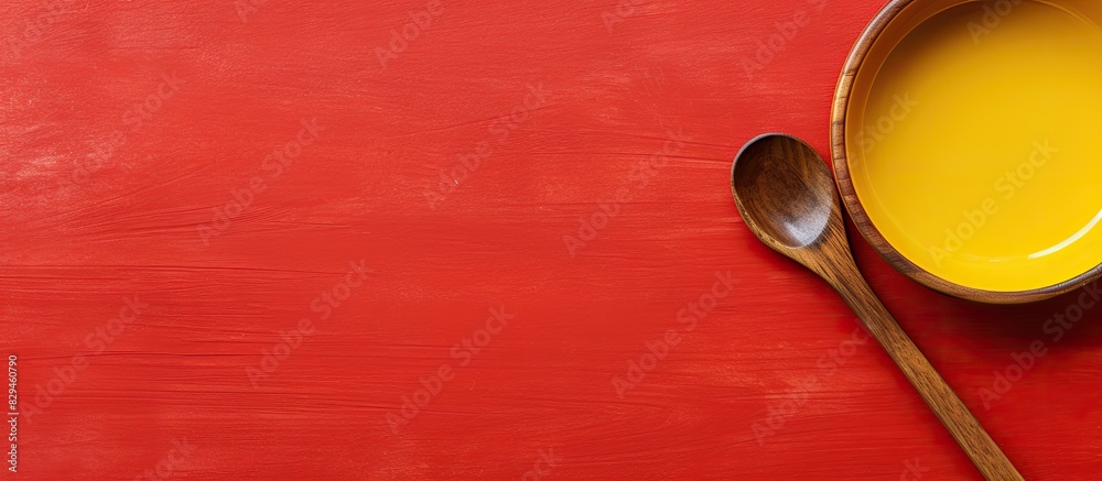 Poster dining concept represented by a copy space image of a red ceramic dish on a yellow background accomp
