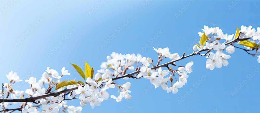 Poster branch of a white blooming tree in front of blue and white sky back lit. copy space available
