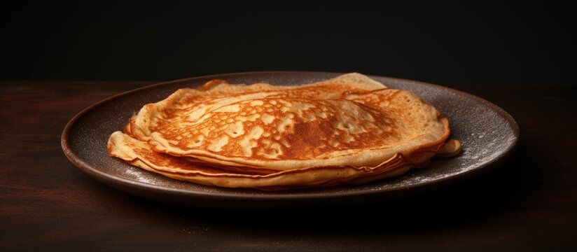 Decorative fried pancake served on a clay plate with enough blank space to accommodate an image. copy space available