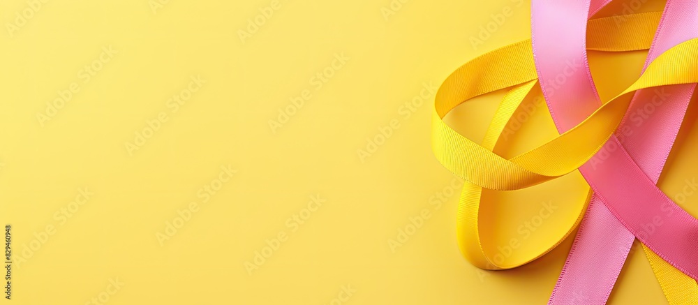 Poster beautiful pink ribbon on yellow background top view space for text. copy space available