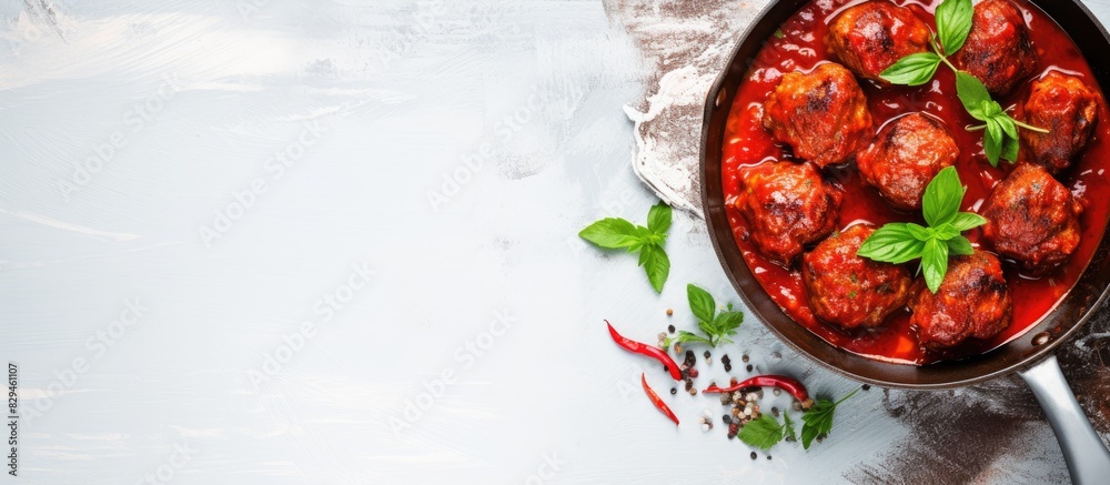 Poster meatballs in tomato sauce in a frying pan top view with copy space on white stone table